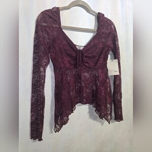 Y2K Sheer Long Sleeve Lace Top Burgundy Mesh Drawstring Front Grunge Whimsigoth